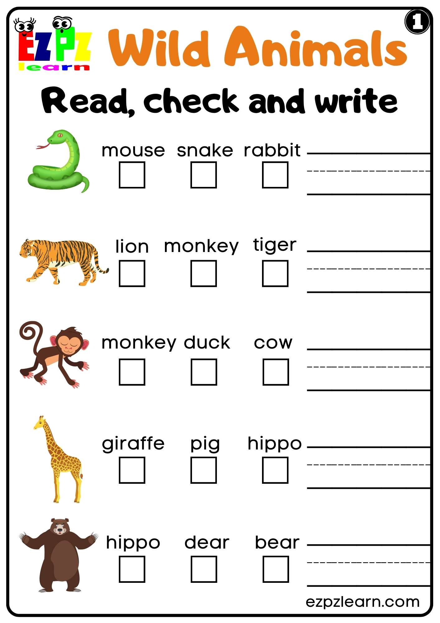 Wild Animals Read Check and Write Set 1 For kids and ESL PDF Download